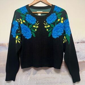 Anthropologie MAEVE Camryn Cropped Crewneck Sweater Floral Blue Black Size M